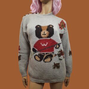 Vintage 90s Wool Teddy Bear Sweater size M Beige Brown Autumn Fall Leaves